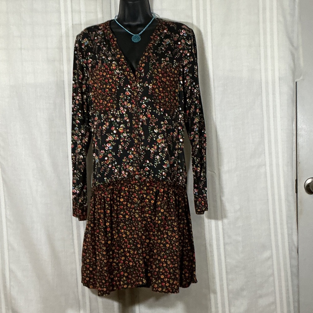 Maeve Black Floral Long-Sleeve Tiered Dress size 10